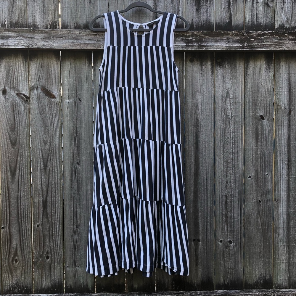 J. Crew 100% Cotton Striped Tiered Midi Dress Size S Sleeveless Navy White